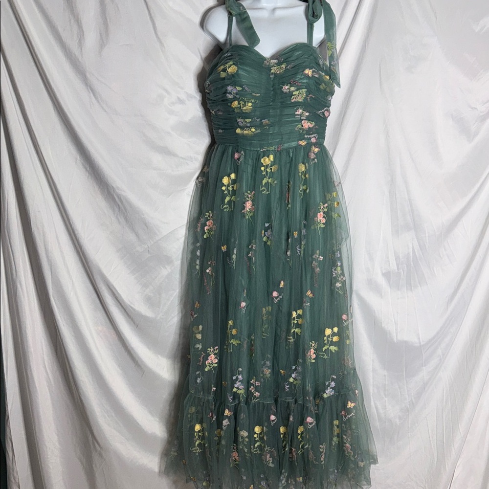 Emerald Green Floral Embroidered Maxi Dress with Tie Straps